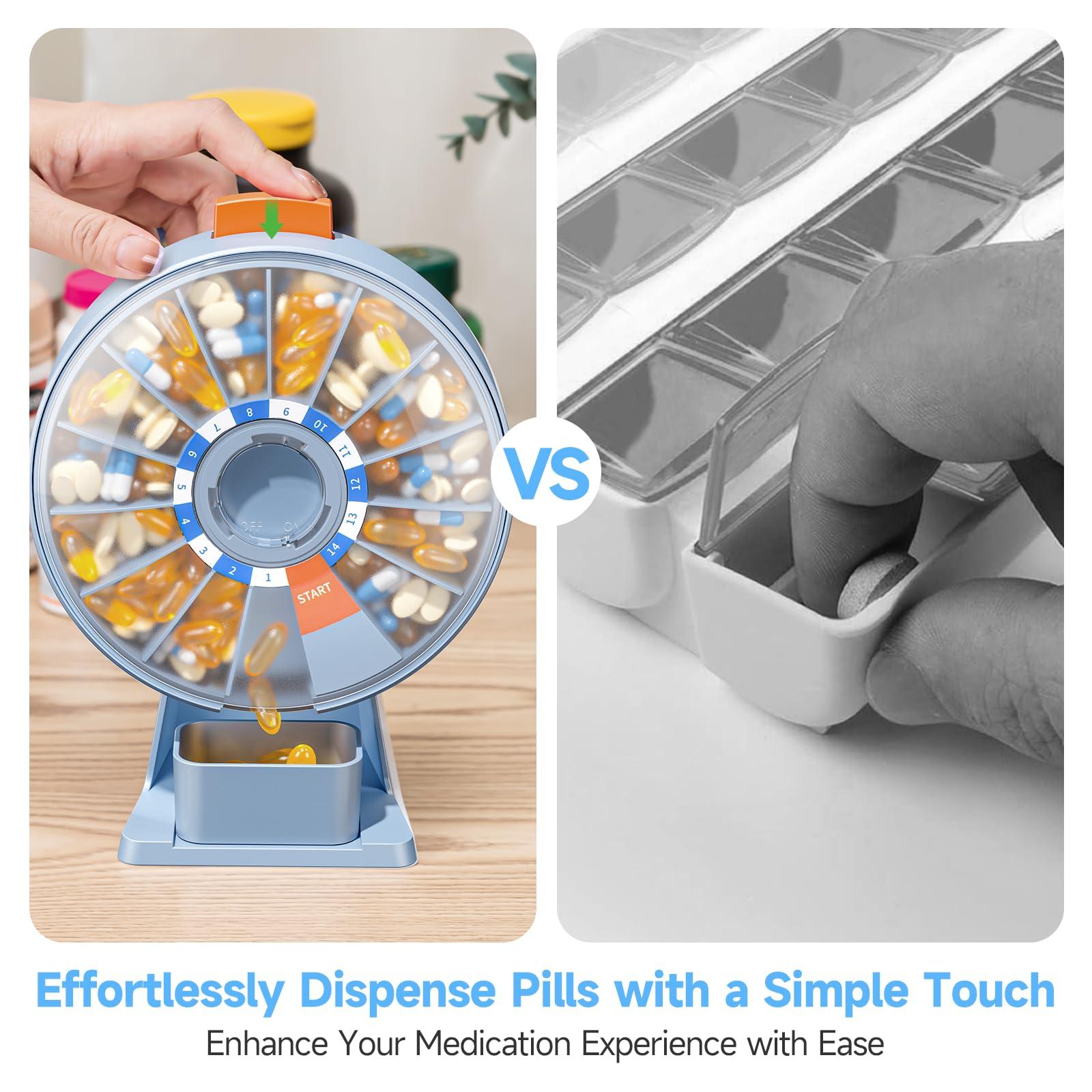 Daviky Daviky Pill Dispenser Daily, Large Pill Organizer with Wall-Mounted or Standing Use, 14 Days Pill Container, Push Button Design, Weekly Pill Box for Vitamin, Medicine,Supplement, Fish Oil(Blue)