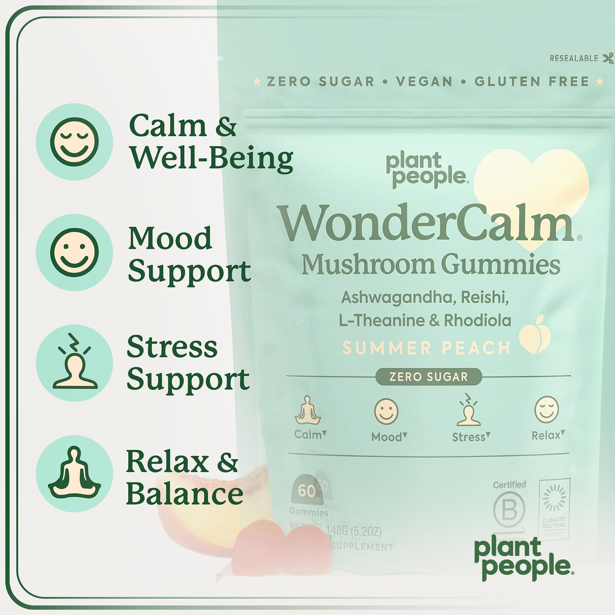 Plant People Plant People WonderCalm Mushroom Gummies - Natural Ashwagandha Supplement to Ease Stress & Boost Mood for Adults without Sugar, Gluten or Artificial Colors, Vegan-Friendly, Peach Flavor, 60 Count