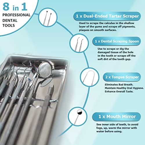 KOHEEL KOHEEL Dental Tools with Metal Case, 8 Count Teeth Cleaning Tools Set, Remove Plaque, Oral Care Hygiene Kit & Toothpicks Pocket Set, Reusable Dental Floss Picks Kit, Tooth Picker