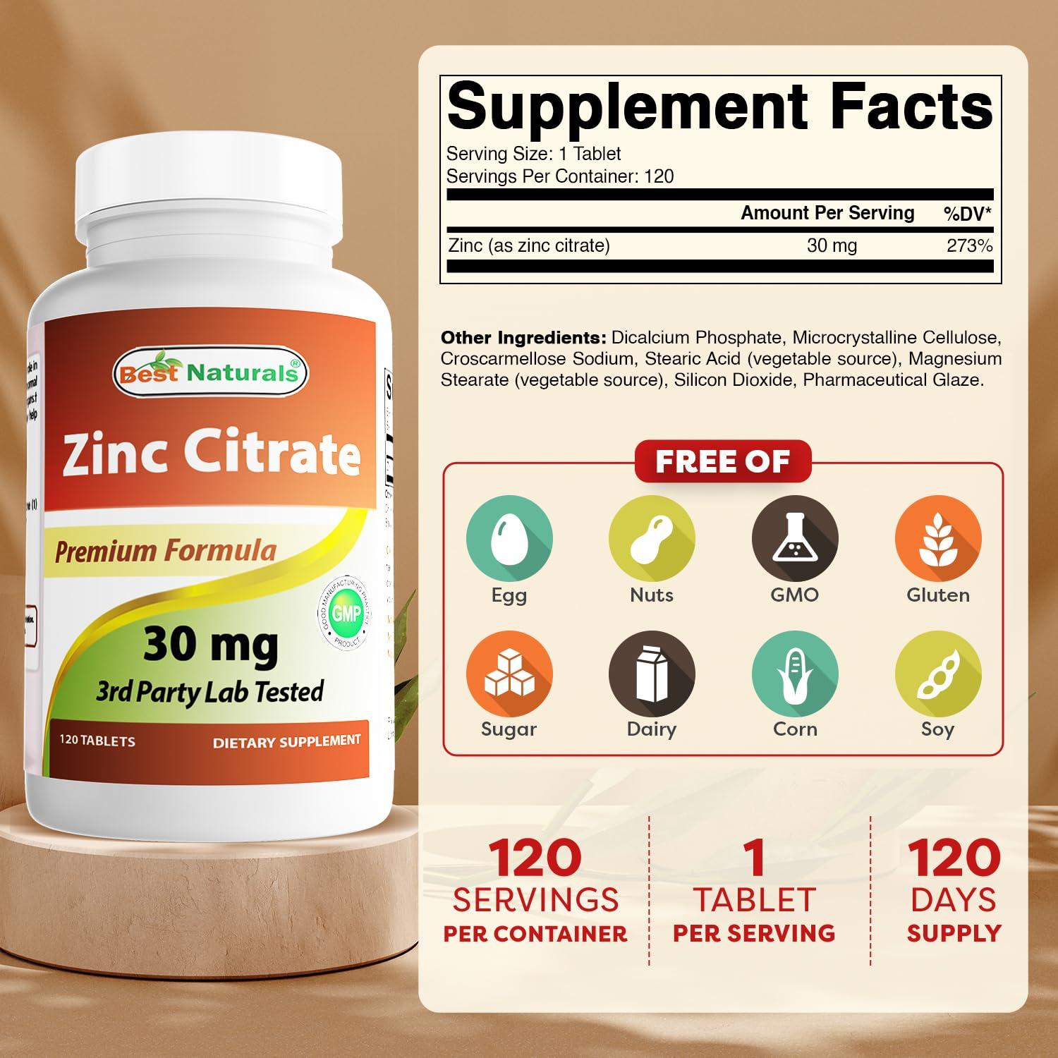 Best Naturals Best Naturals Zinc 30mg Supplements (as Zinc Citrate) - zinc Vitamins for Adults Immune Support - 120 Tablets (120 Count (Pack of 3))