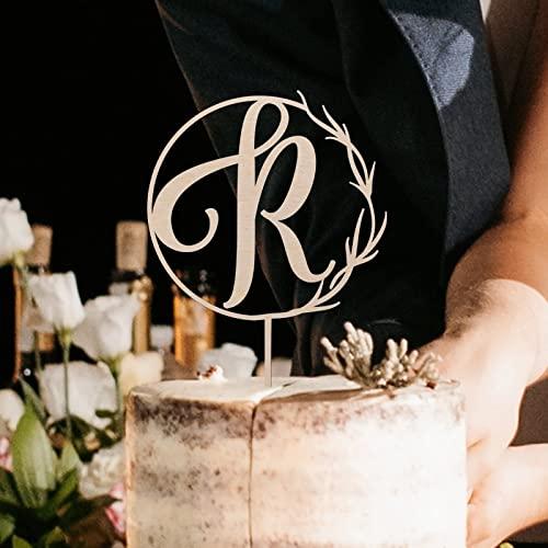 Vinisong Vinisong Personalized Initials Cake Topper Wreath Letter R Cake Topper Wood Monogram Cake Topper Rustic Wedding Cake Topper Birthday Cake Decoration(Design 06,R)