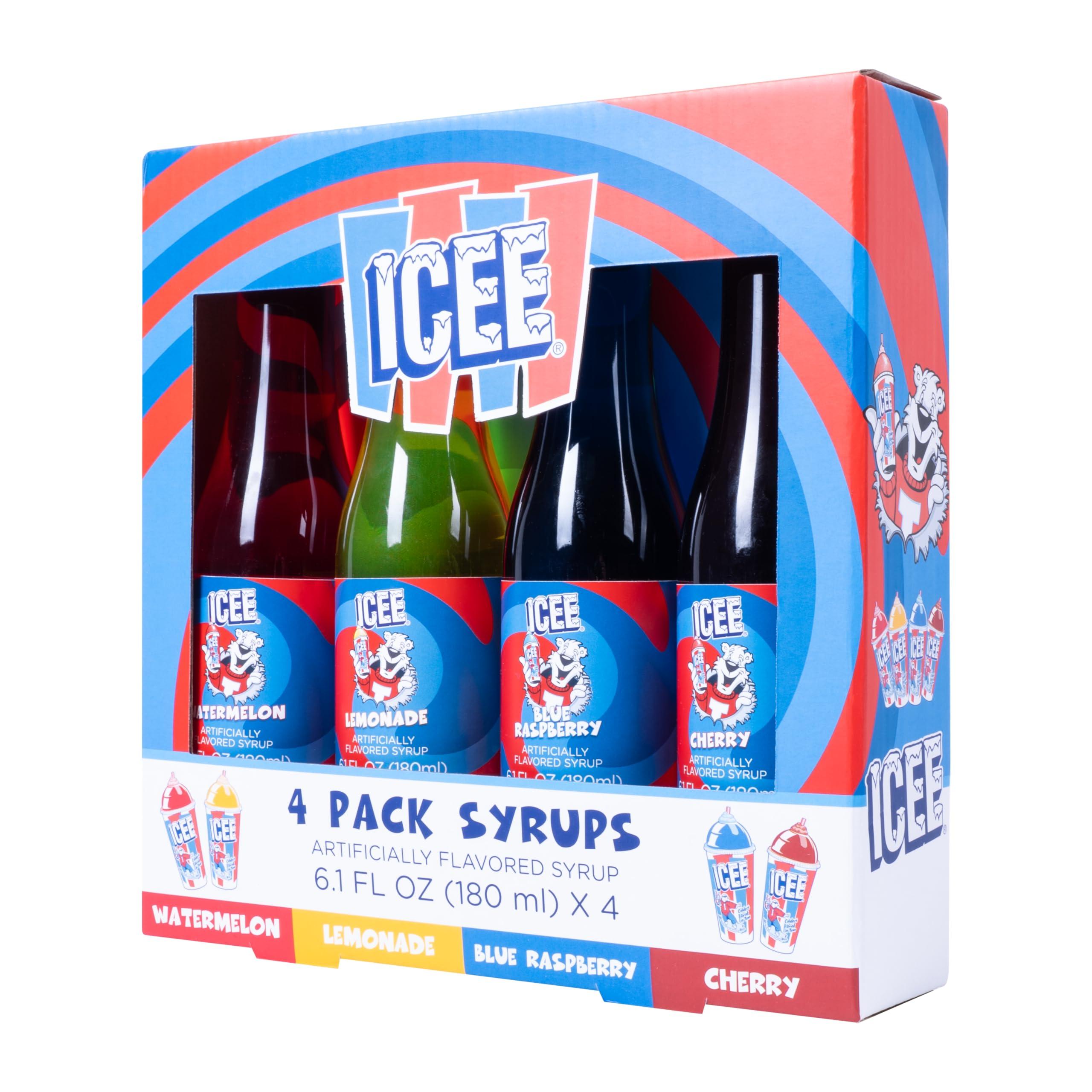 Fizz Creations ICEE 4 Pack Slushie Syrups. Genuine ICEE Slushy syrups including Watermelon, Lemonade, Blue Raspberry & Cherry Flavors. 4 x 6.1floz. Officially Licensed ICEE Merchandise from Fizz Creations.