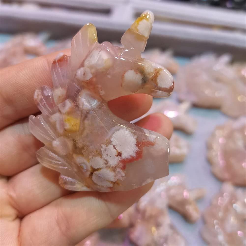 WGPHD WGPHD Health & Household 1PCS Natural Hand Carved Sakura Agate Unicorn Folk Crafts Crystal Animal for Decoration