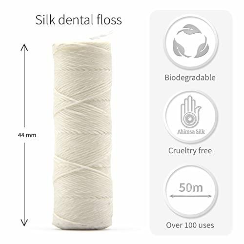 Bambaw Natural Silk Dental Floss | Candelilla Wax Tooth Floss | Natural Dental Tape | Plastic Free Dental Floss | Eco Floss | Stainless Steel Dispenser | Zero Waste Floss | Silk Floss Mint | 55 yd | Bambaw