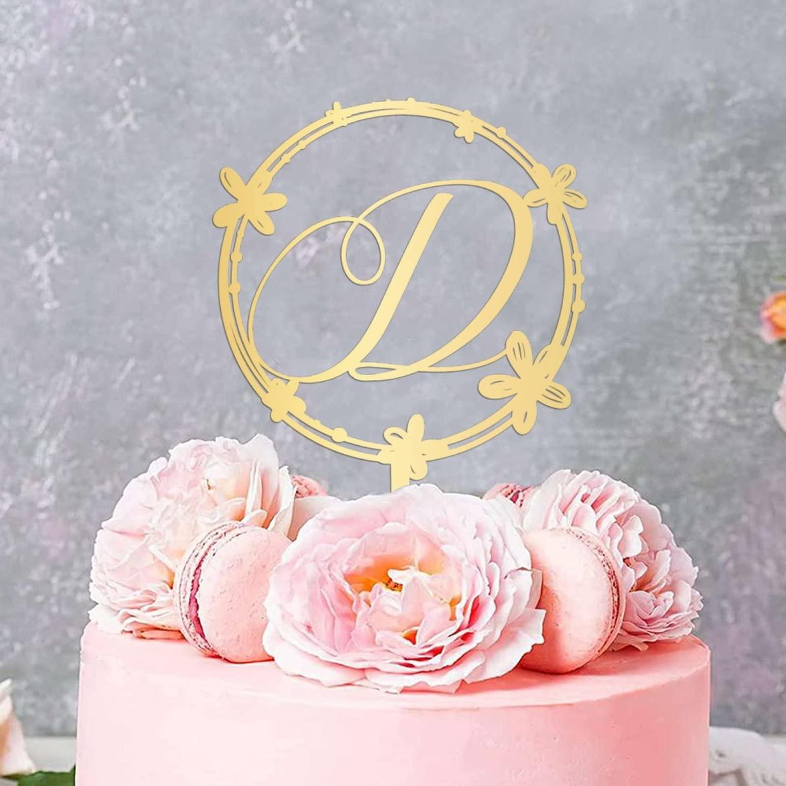 Cheyan Initial D Cake Topper, Personalized Letter Gold/Silver Glitter Cake Topper, Monogram Wood/Acrylic Wedding Topper, Wreath Cake Topper for Birthday Rustic Anniversary Party Supplies, Made in USA