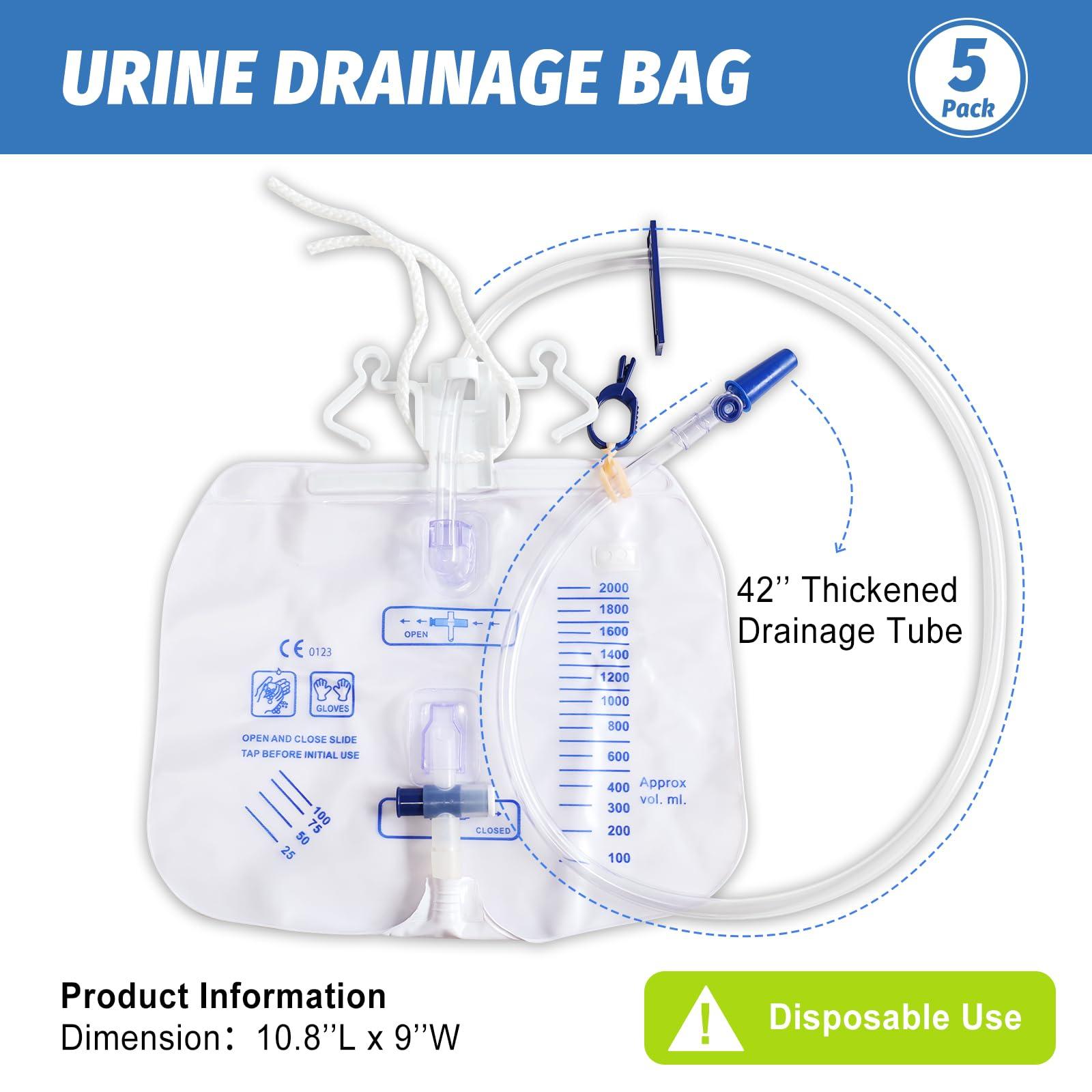 ELERA 5 Pack Urinary Drainage Bag with Anti-Reflux Chamber, 2000ml Professional Adult Urine Bags for Home and Hospital Use -Catheter Bags