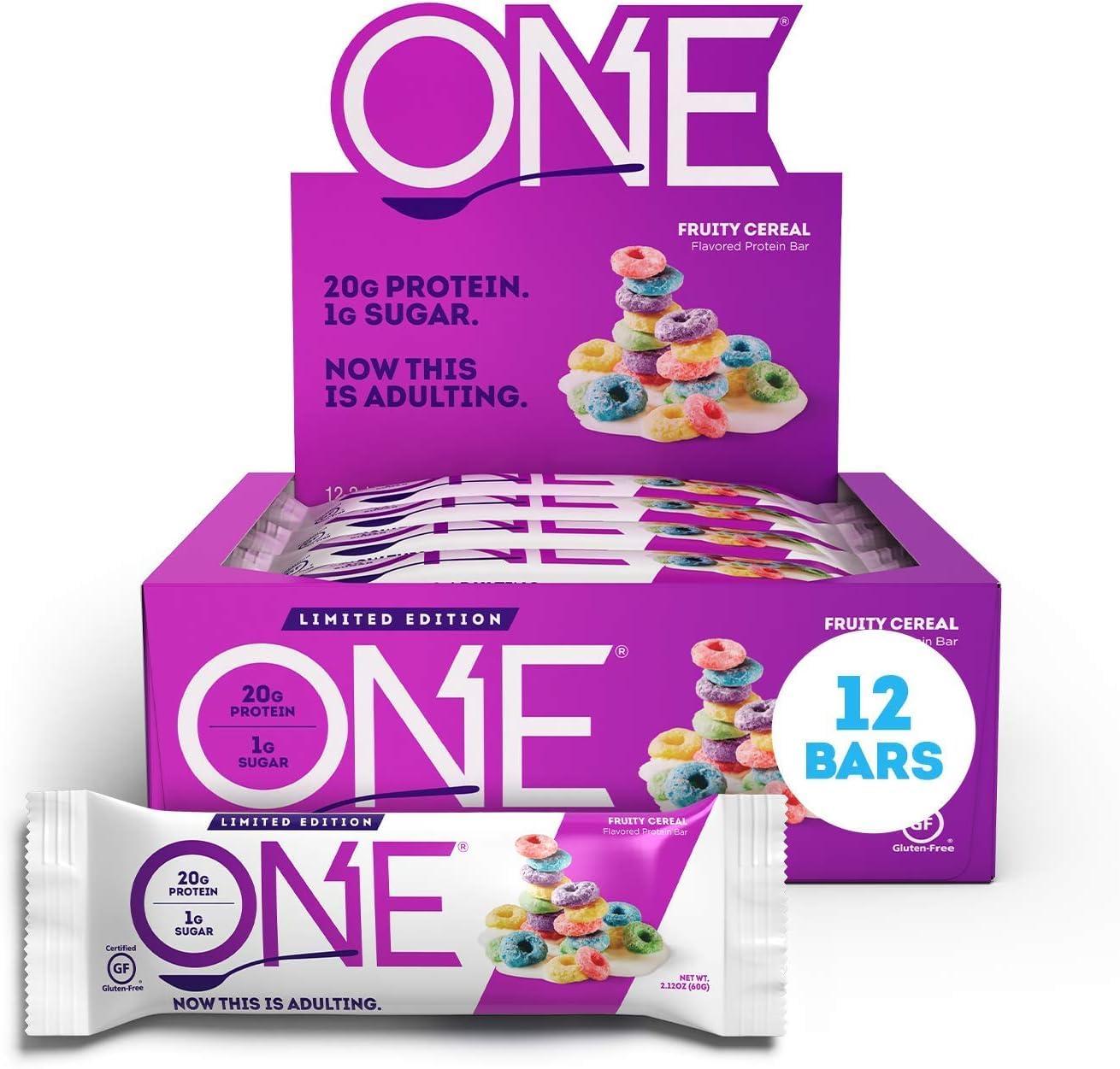 ONE ONE Protein Bars, Birthday Cake & Fruity Cereal, Gluten Free with 20g Protein, 1g Sugar, 2.12 Oz, 12 Count