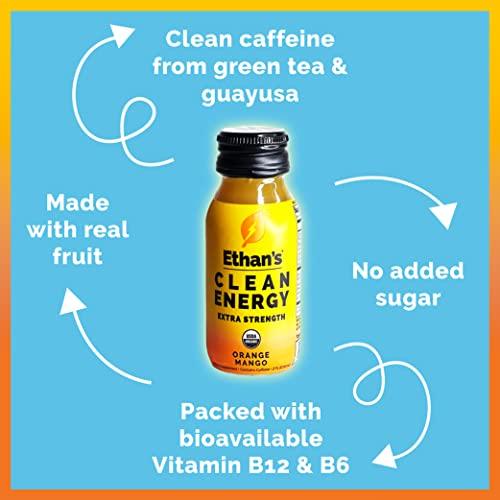 Ethan\'s Ethan\'s Organic Clean Energy Shots Orange Mango, Sugar Free Natural Pre-Workout Focus Boost, Gluten Free, Vegan, B6 & B12 Vitamin C with Green Tea Extract and Guayusa (12 Pack of 2oz Shots)