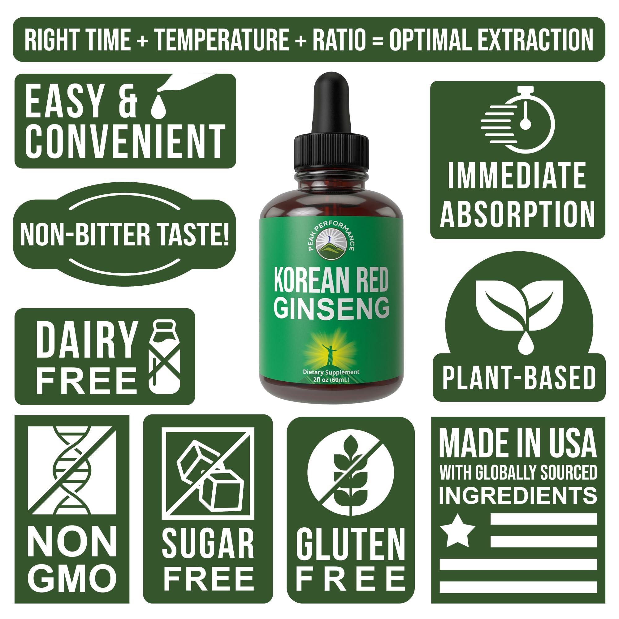 Peak Performance Korean Red Ginseng Liquid Drops with Pleasant Taste. from Panax Korean Root Extract for Energy, Stamina, Focus. Vegan Nootropic, Zero Sugar Oil Tincture Herbal Supplement for Men and Women