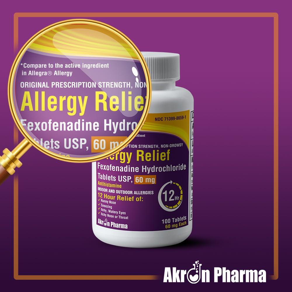 Akron Pharma Akron Pharma Allergy Relief, Fexofenadine Hydrochloride 60 mg, Non-Drowsy Antihistamine,Allergy Symptom Relief, 100 Tablets