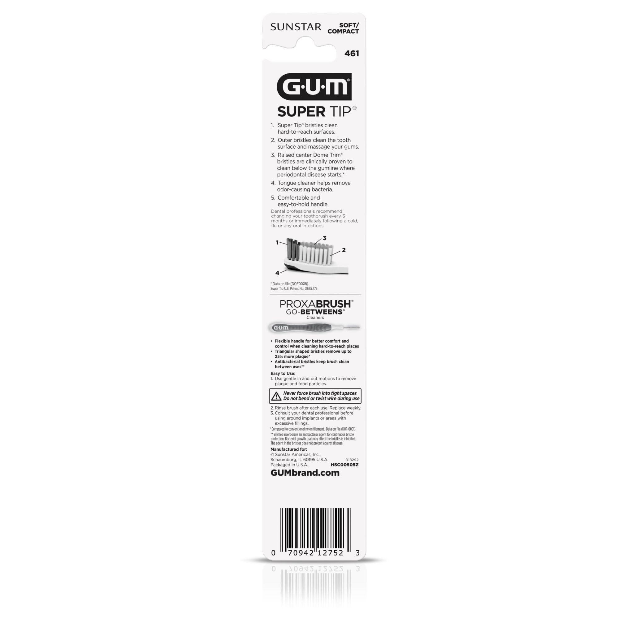 GUM GUM Super Tip Toothbrush, Soft Bristle Toothbrush for Adults with Tongue Cleaner, Compact Head, 1ct (Pack of 12)