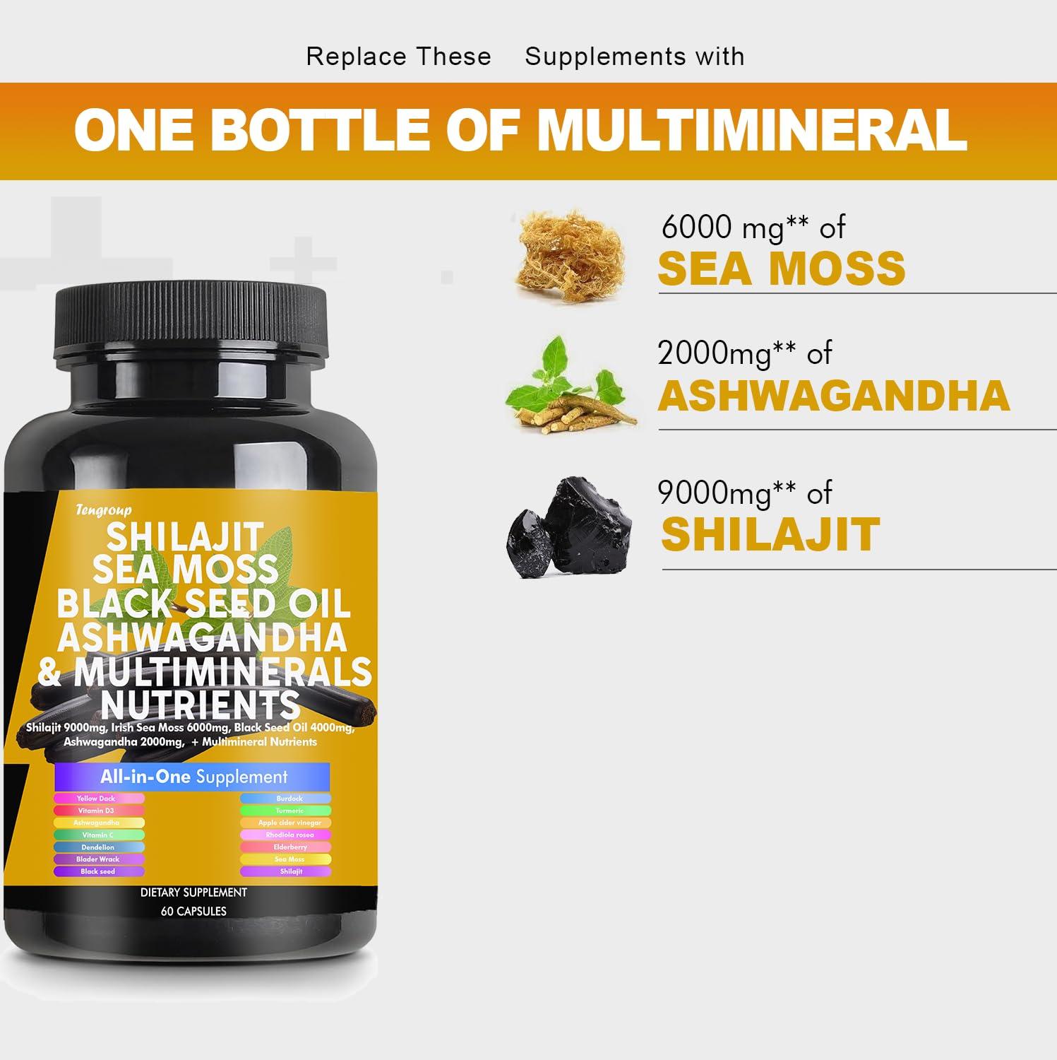 Tengroup Shilajit 9000mg Sea Moss 6000mg Black Seed Oil 4000mg Ashwagandha 2000mg Burdock 1000mg & Vitamin C & D3 with Elderberry rhodiola rosea Dandelion Yellow Dock Turmeric ACV
