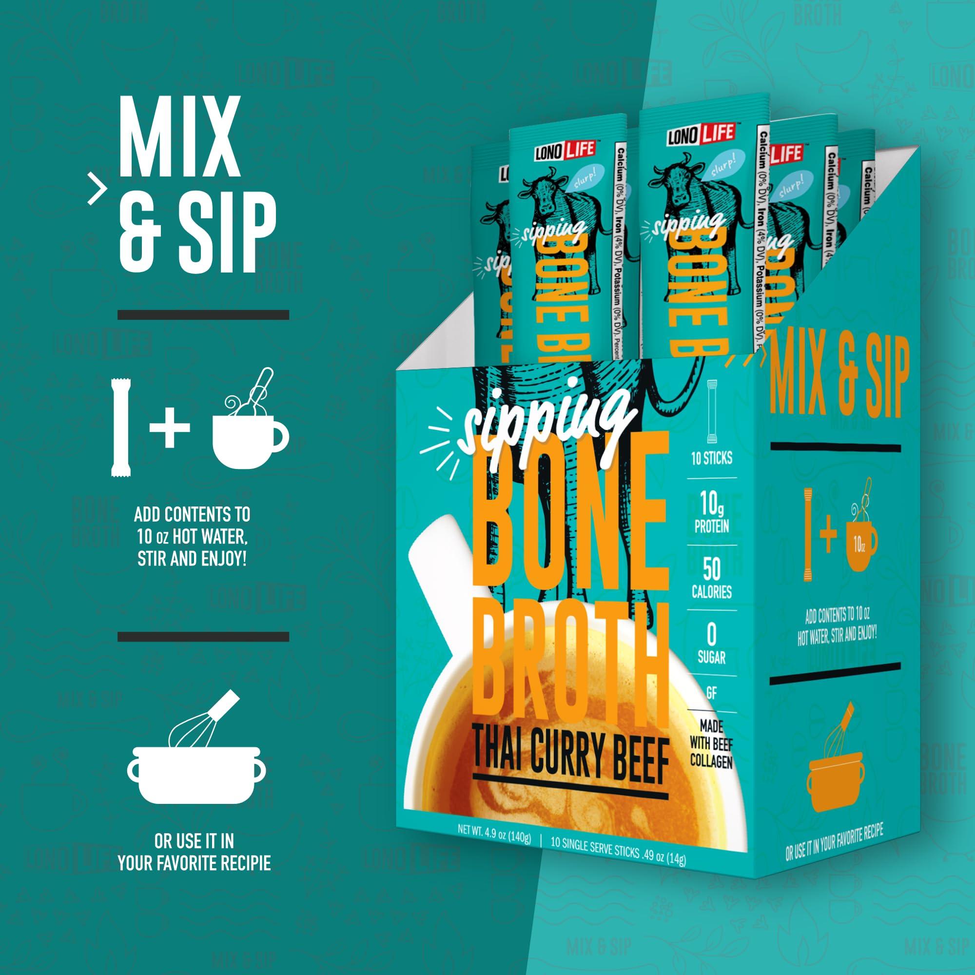 LONOLIFE LonoLife Thai Curry Beef Bone Broth Powder Mix | Grass-Fed, 10g Protein | Collagen-Rich, Keto & Paleo Friendly | Natural Ingredients | 4 Portable Stick Pack Servings