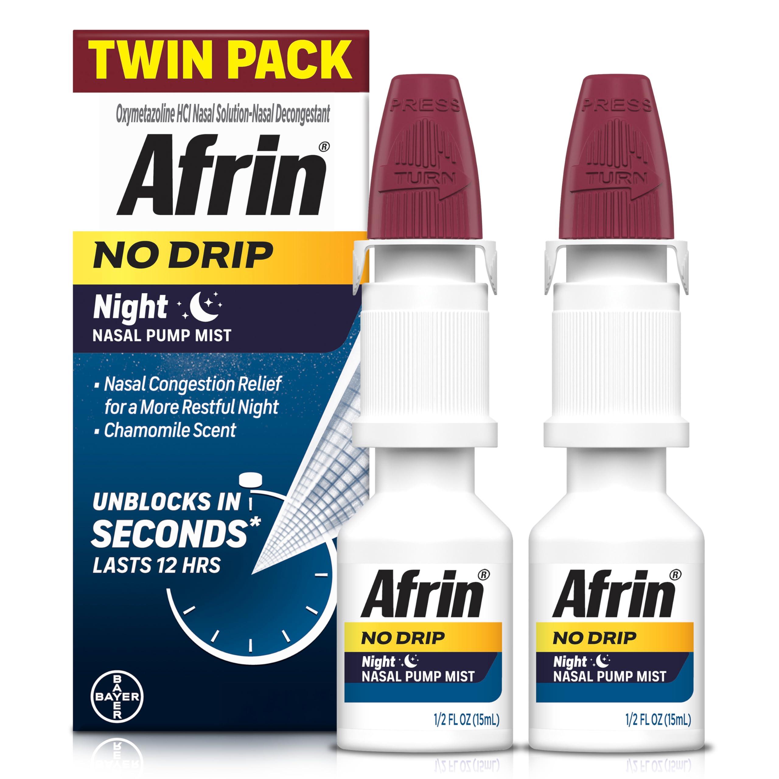 Afrin AFRIN No Drip Night Nasal Mist Twin Pack, Non-Drowsy, Fast-Acting Decongestant for Restful Sleep with Chamomile Scent, Adults and Children 6 and Older, .5 fl oz (Pack of 2)