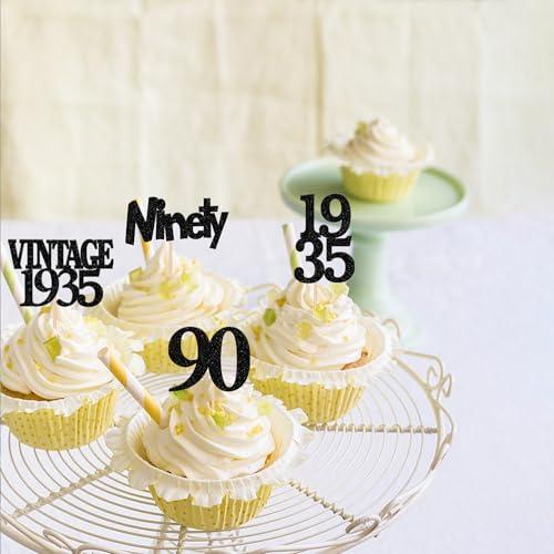 Rsstarxi Rsstarxi 24 Pack 90th Birthday Cupcake Toppers Black Glitter Vintage 1933 Cupcake Picks Ninety Cheers to 90 Years Old Birthday Cupcake Topper for Happy 90th Birthday Anniversary Party Cake Decorations