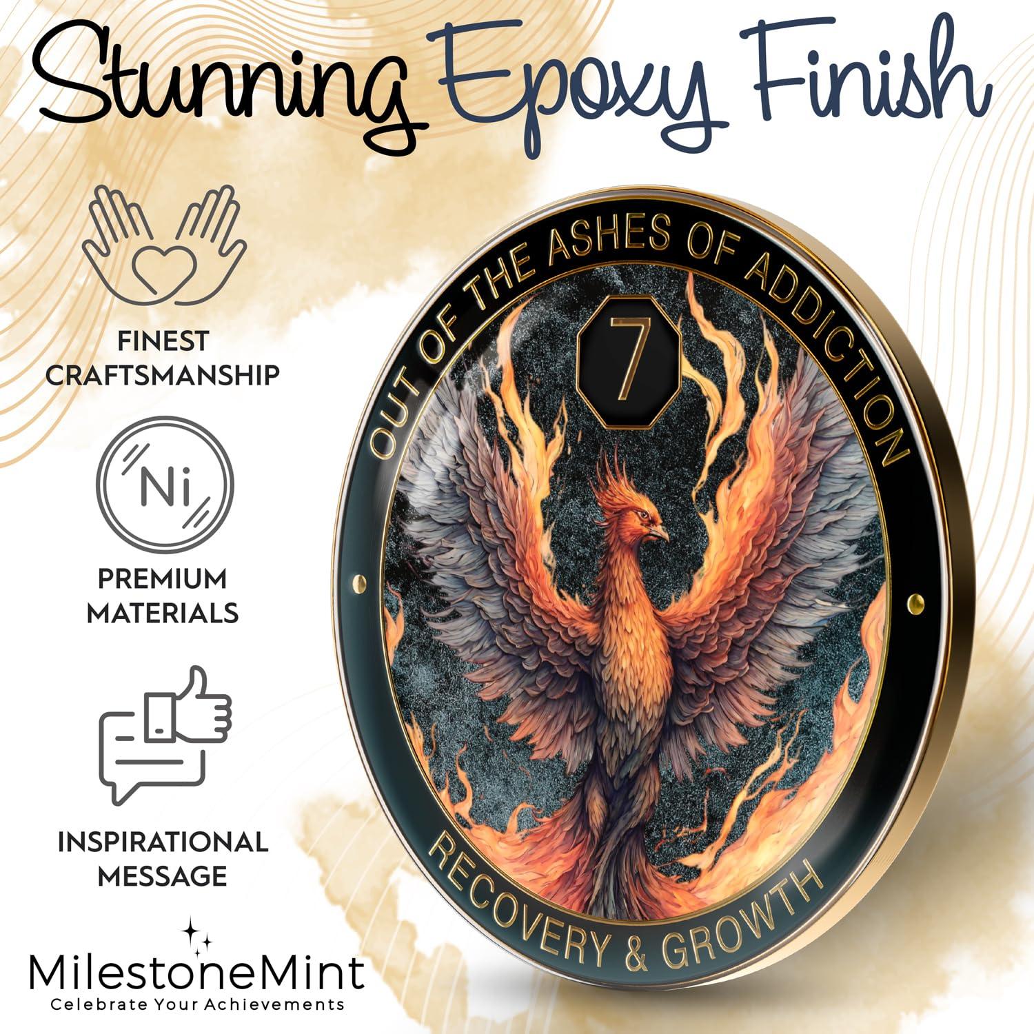 MilestoneMint MilestoneMint Phoenix Sobriety Coin | AA Chip Medallion Gift Set with Coin Capsule, Display Stand & Card for Sober Men & Women in Recovery | Sobriety Gifts for Anniversary Month & Year (7 Years)