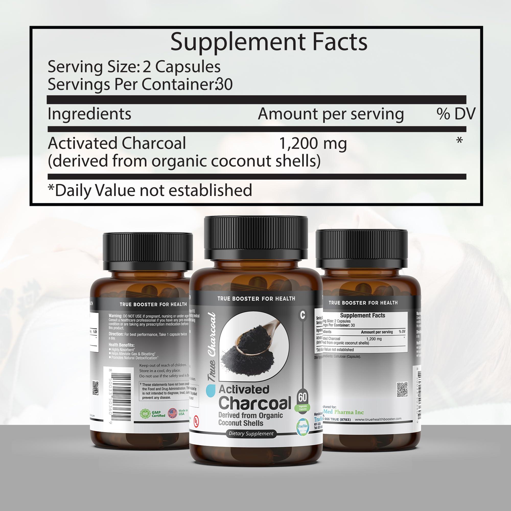TRUEMED TRUEMED Activated Charcoal Organic Coconut Shell Derived Charcoal Capsule,1200mg, 60 Capsules, Support Detox & Digestive Health, Activated Charcoal Capsules for Health-Conscious Individuals
