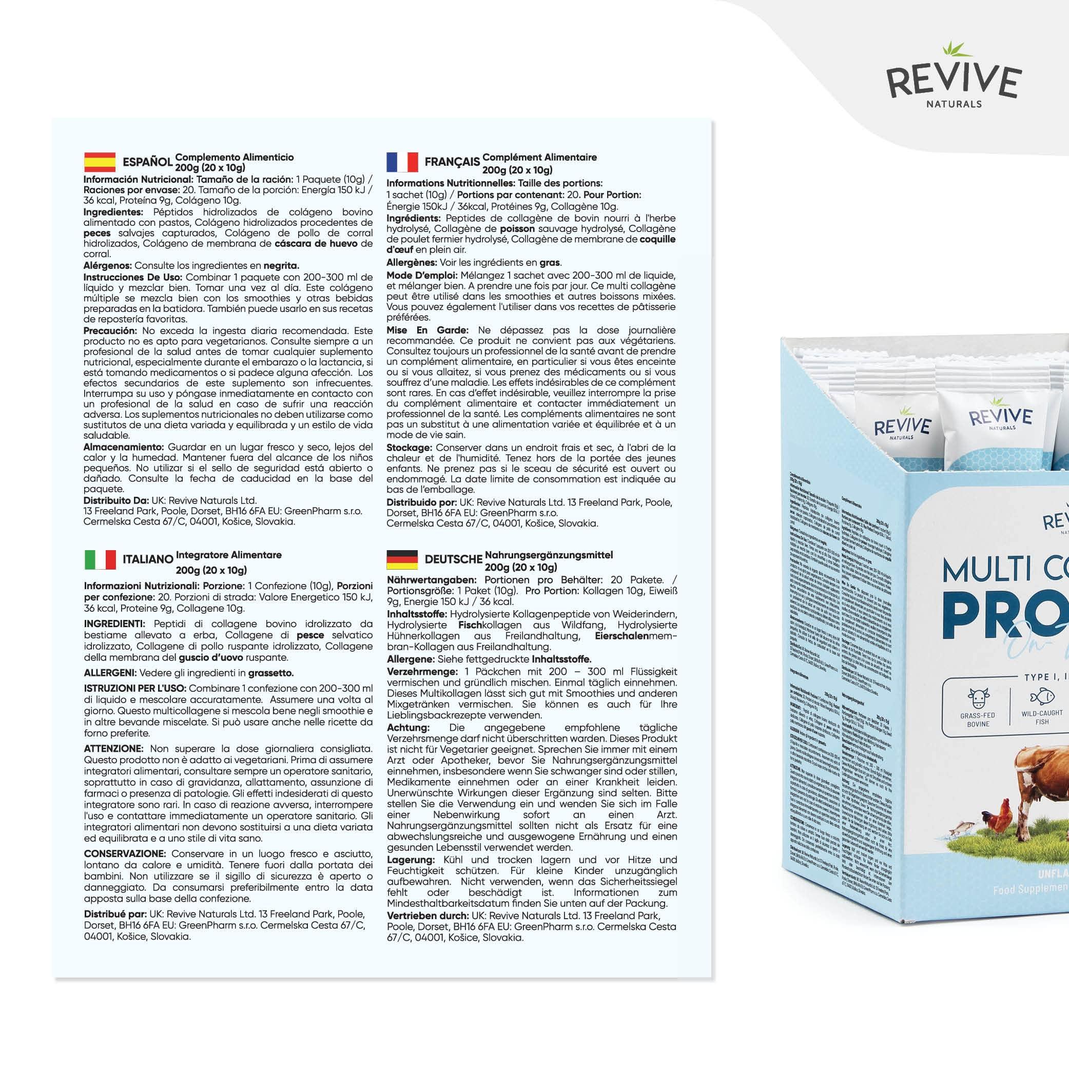 Revive Naturals Multi Collagen Protein Powder Packets - Types I, II, III, V & X - Hydrolyzed Grass Fed Bovine, Wild Caught Fish, & Free-Range Chicken & Eggshell Collagen. Non-GMO, Halal, (10g Each, 20 Packets)