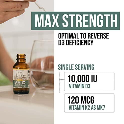 Triquetra Health Organic Plant D3 + K2 - 10,000 iu D3 - All-Trans MK7 from MenaQ7 (120 mcg K2) - 100% Organic & Plant-Based Sublingual D3 Drops (Cholecalciferol), 100% Vegan - Supports Immunity, Bone, Mood & Brain