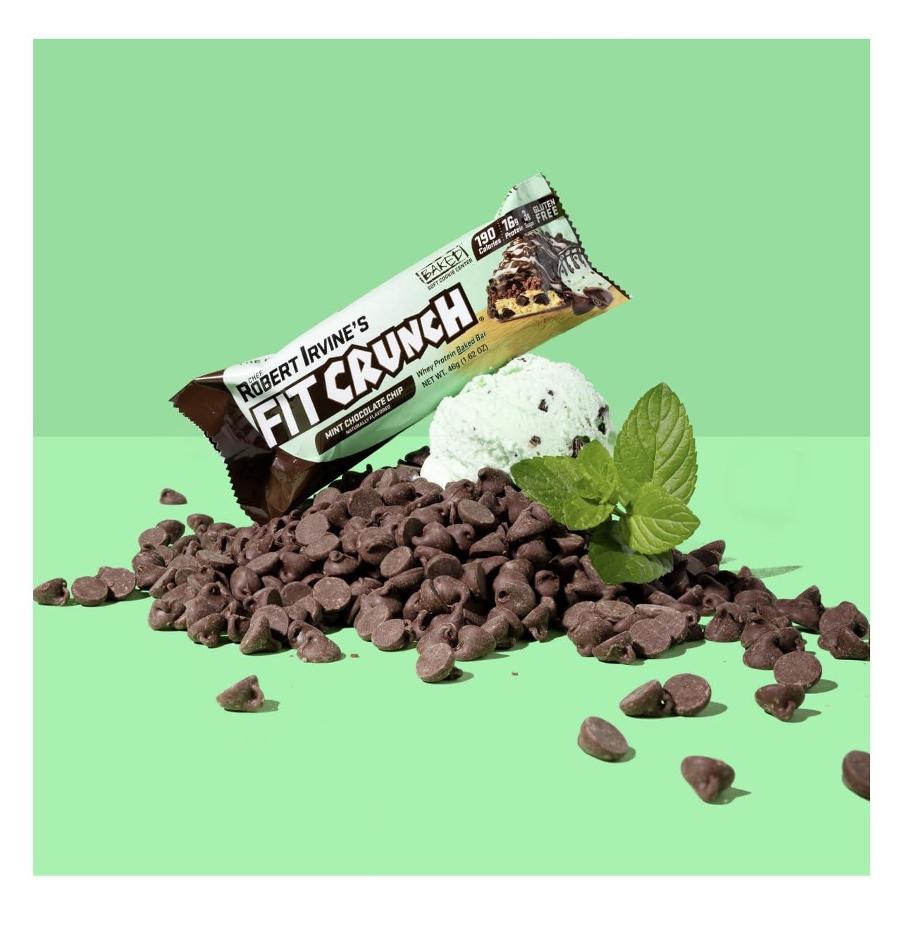 Fit Crunch FITCRUNCH Snack Size Protein Bars, Designed by Robert Irvine, 6-Layer Baked Bar, 3g of Sugar, Gluten Free & Soft Cake Core (5 Bars, Mint Chocolate Chip)