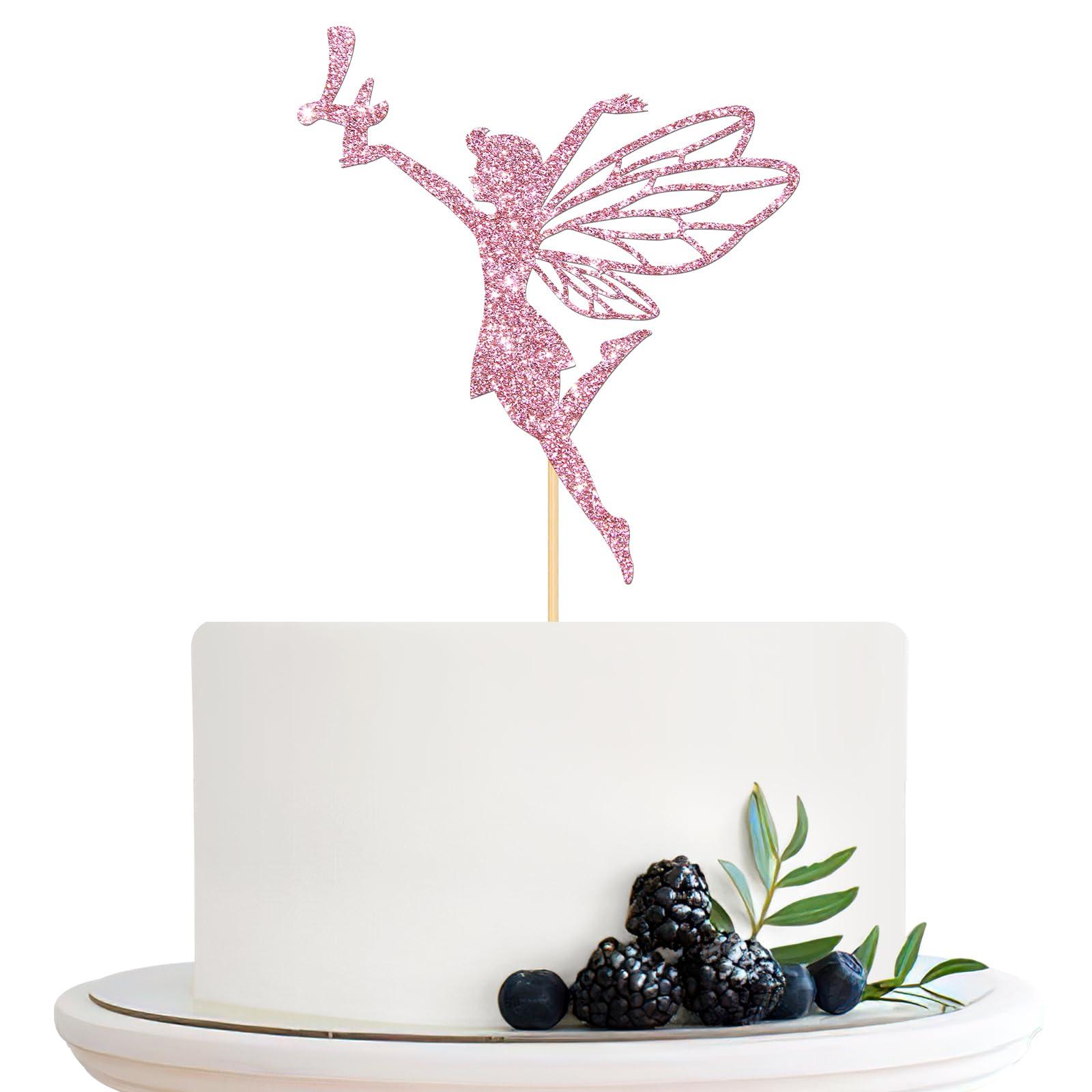 Halodete Halodete Fairy 4th Birthday Cake Topper, Girl\'s 4th Birthday Cake Topper, Four Years Old Birthday - 4th Anniversary Party Cake Decorations Pink Glitter