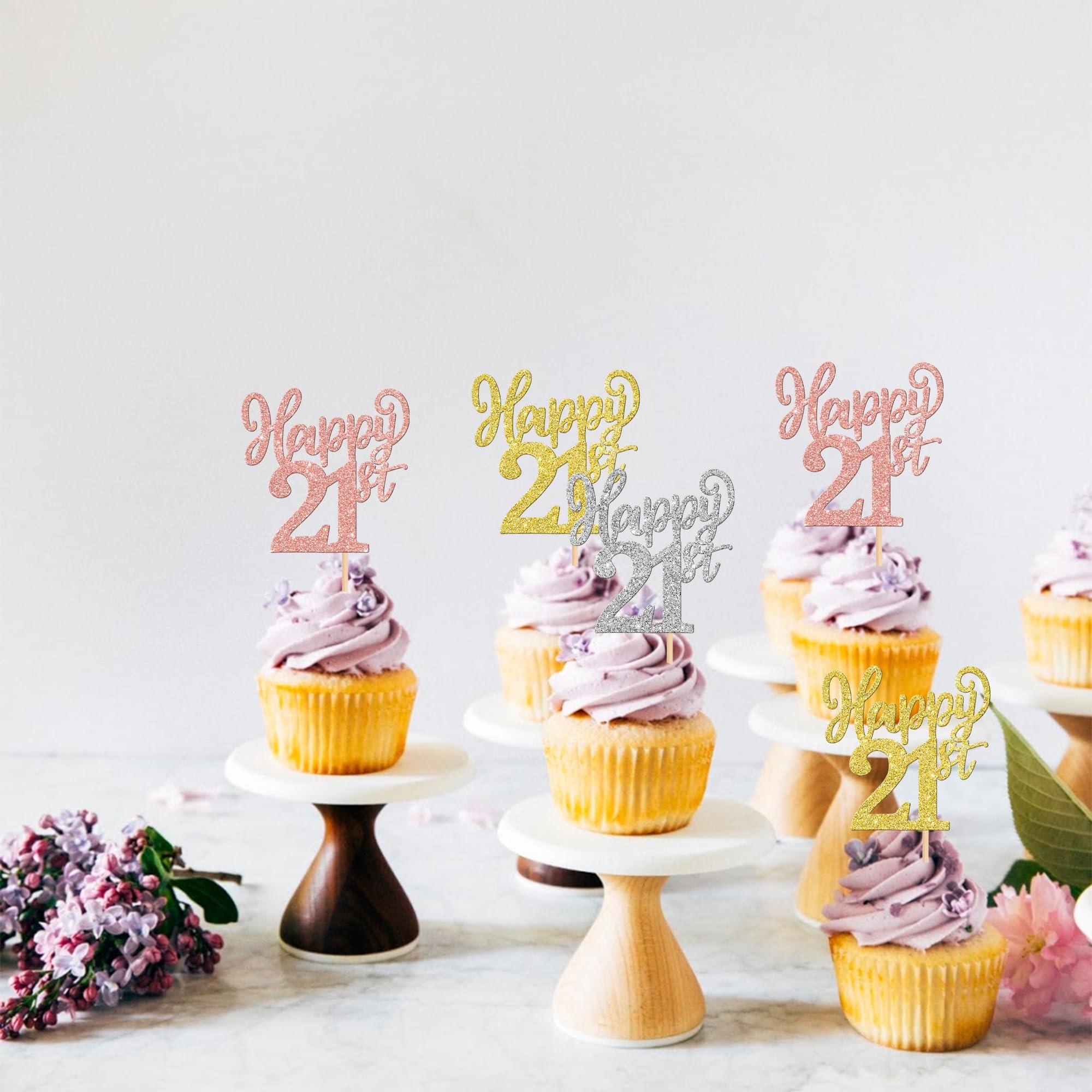 ZHUOWEISM 24PCS Happy 21st Cupcake Toppers Gold Rose Gold Silver Glitter Twenty One Cheers to 21 Years Number 21 Birthday Cupcake Picks for Happy 21st Birthday Wedding Anniversary Party Cake Decorations
