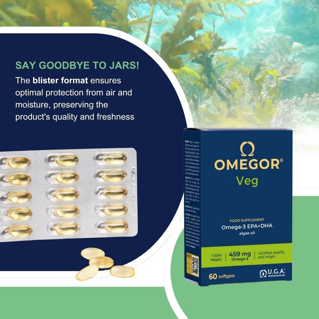 OMEGOR Omegor Veg Omega-3 Vegan (60 Capsules) Plant-Based Omega-3 Derived from Algal Oil, Enriched with Vitamin E Contains 250mg DHA and 125mg EPA per Capsule IFOS and Vegan Society Certified