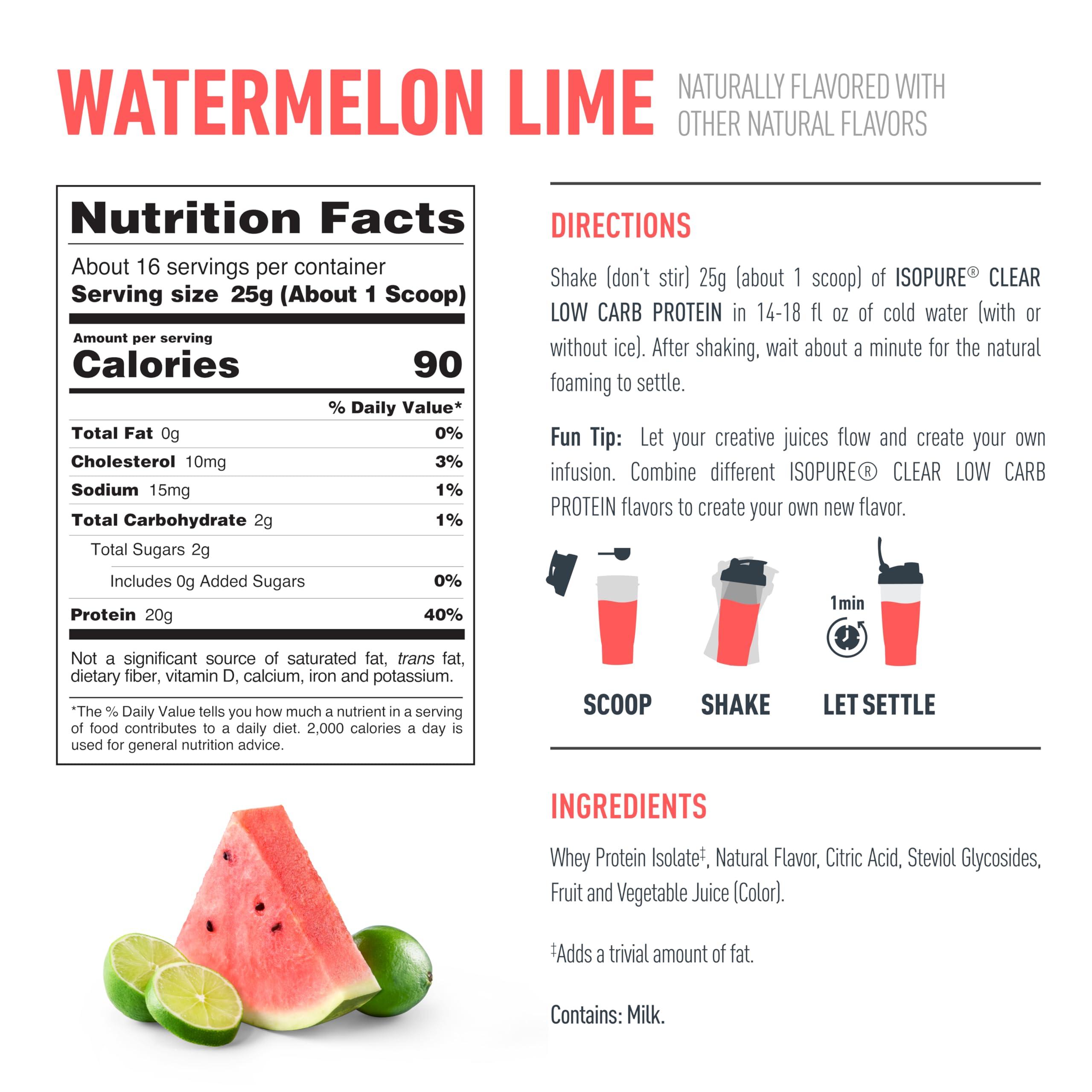 Isopure Isopure Clear Whey Isolate Protein Powder Infusions, Lactose Free, Gluten Free, Naturally Flavored, Watermelon Lime, 20g Protein Per Serving, 14.1 Oz, 16 Servings