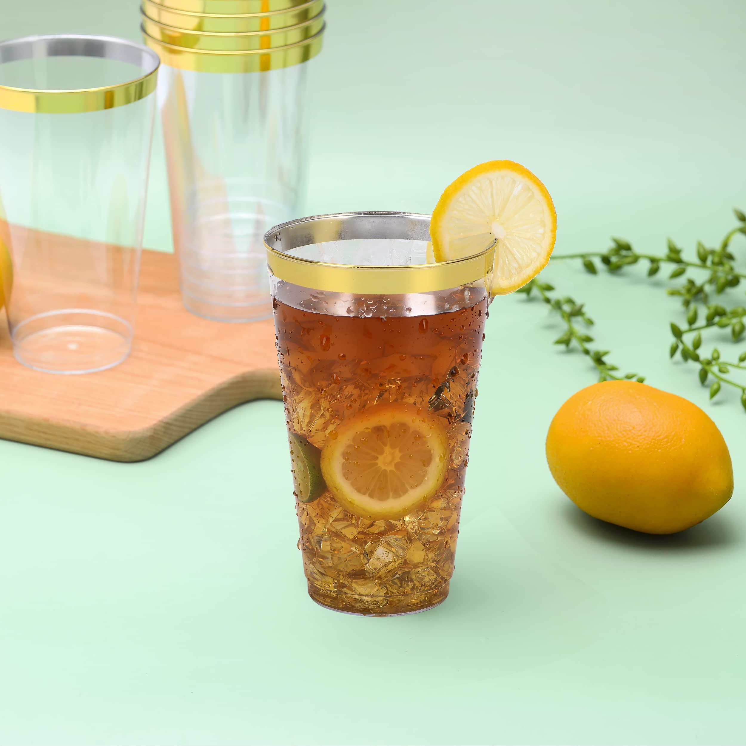 YOUTHSHIP YOUTHSHIP 100 Pcs 16 Oz Disposable Plastic Gold Rimmed Elegant Cups for Wedding, Birthday, Baby Shower Parties