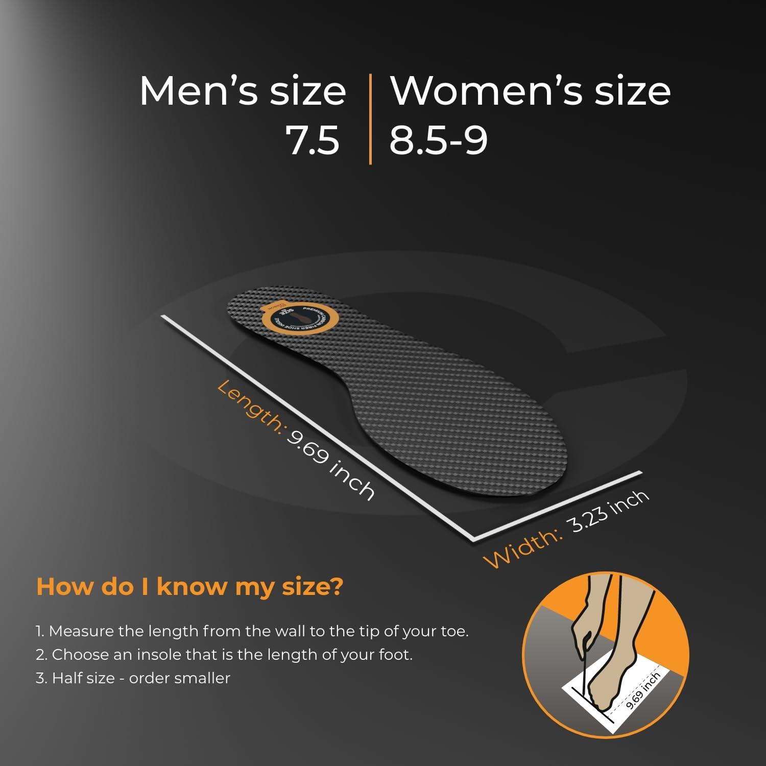 ESTCARBON Carbon Fiber Insole for Men & Women 1 PC Carbon Fiber Shoe Insert, Carbon Fiber Foot Plate - Hallux Rigidus Relief, Turf Toe, Mortons Extension, Big Toe, Carbon Fiber Insoles Women 8.5-9, Mens 7.5