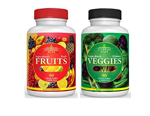 StarPass Labs Vegetarian Balance of Superfoods Reds Fruits and Greens | Vegan Vegetables Fruits and Veggie | Natural Balance of 90 Fruits, 90 Veggies Capsules for Men, Women and Kids | Nature Vitamins and Minerals
