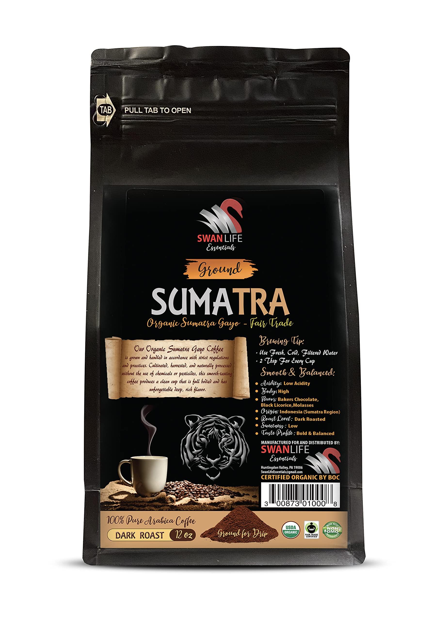 SWAN LIFE ESSENTIALS organic arabica whole bean coffee - SUMARTA GROUND COFFEE ORGANIC, arabica, dark rost, fair trade, low acidity - fair trade gifts for women, 1 Bag (12 Oz)