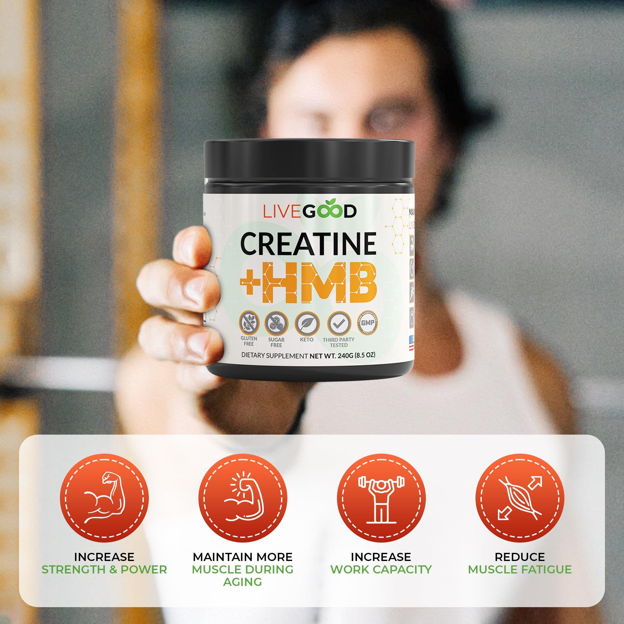 LIVEGOOD LIVEGOOD Creatine Plus HMB Supplement, 3g HMB for Muscle Strength & Recovery, 8.5oz.