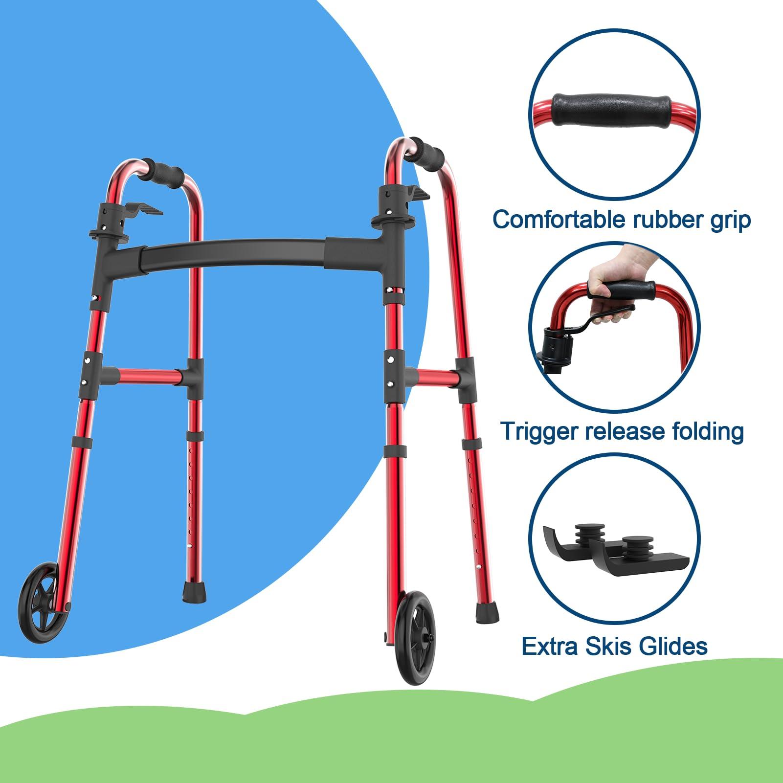 Loyoda Loyoda Folding Walker for Seniors, FSA/HSA Eligible Walker with Skis Lightweight 5\'\' Front Wheel Walker Height Adjustable Aluminum Standard Walker for Elderly and DisabledRed