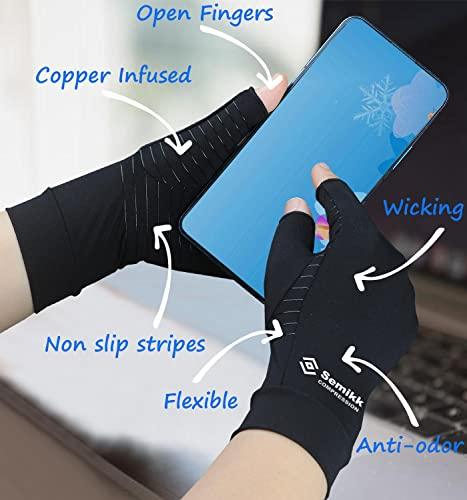 Semikk 2 Pairs Compression Gloves for Women and Men – Copper Arthritis Gloves for Rheumatoid Arthritis Osteoarthritis Carpal Tunnel – Hand Pain Relief and Support – Open Finger (Black, X-Large (2 Pair))