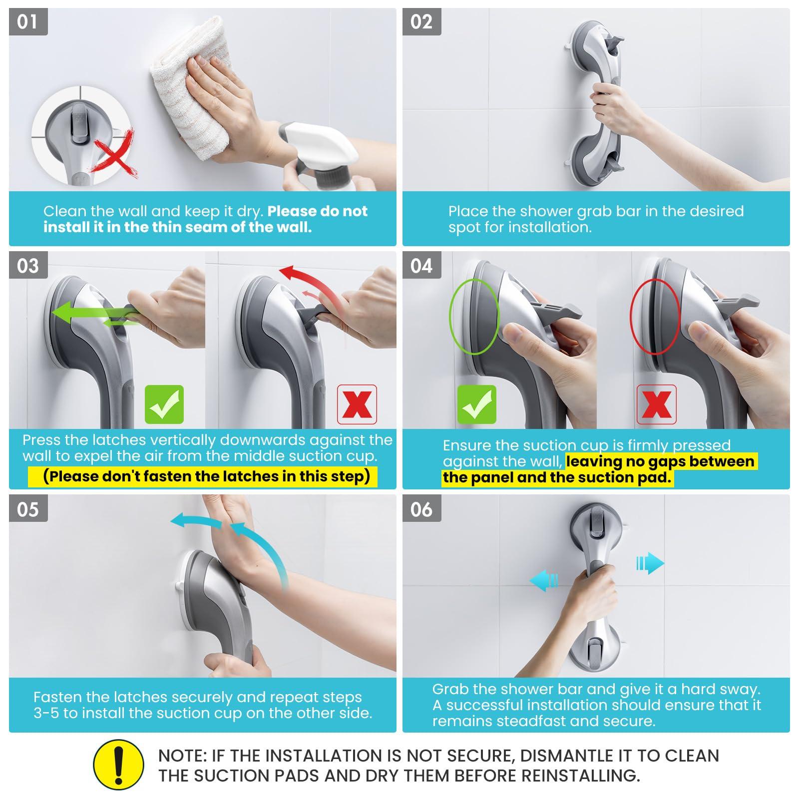 TAILI TAILI Shower Handles for Elderly Suction, 2 Pack 12 Inch Shower Grab Bar for Seniors, Grab Bars for Bathtubs, No Drilling Removable Safety Bath Grip, Silver