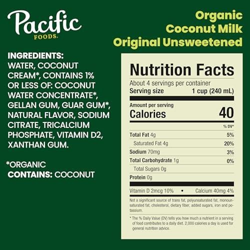 Pacific Foods Pacific Foods Organic Unsweetened Coconut Milk, Plant Based Milk, 32 oz Carton (Pack of 2)
