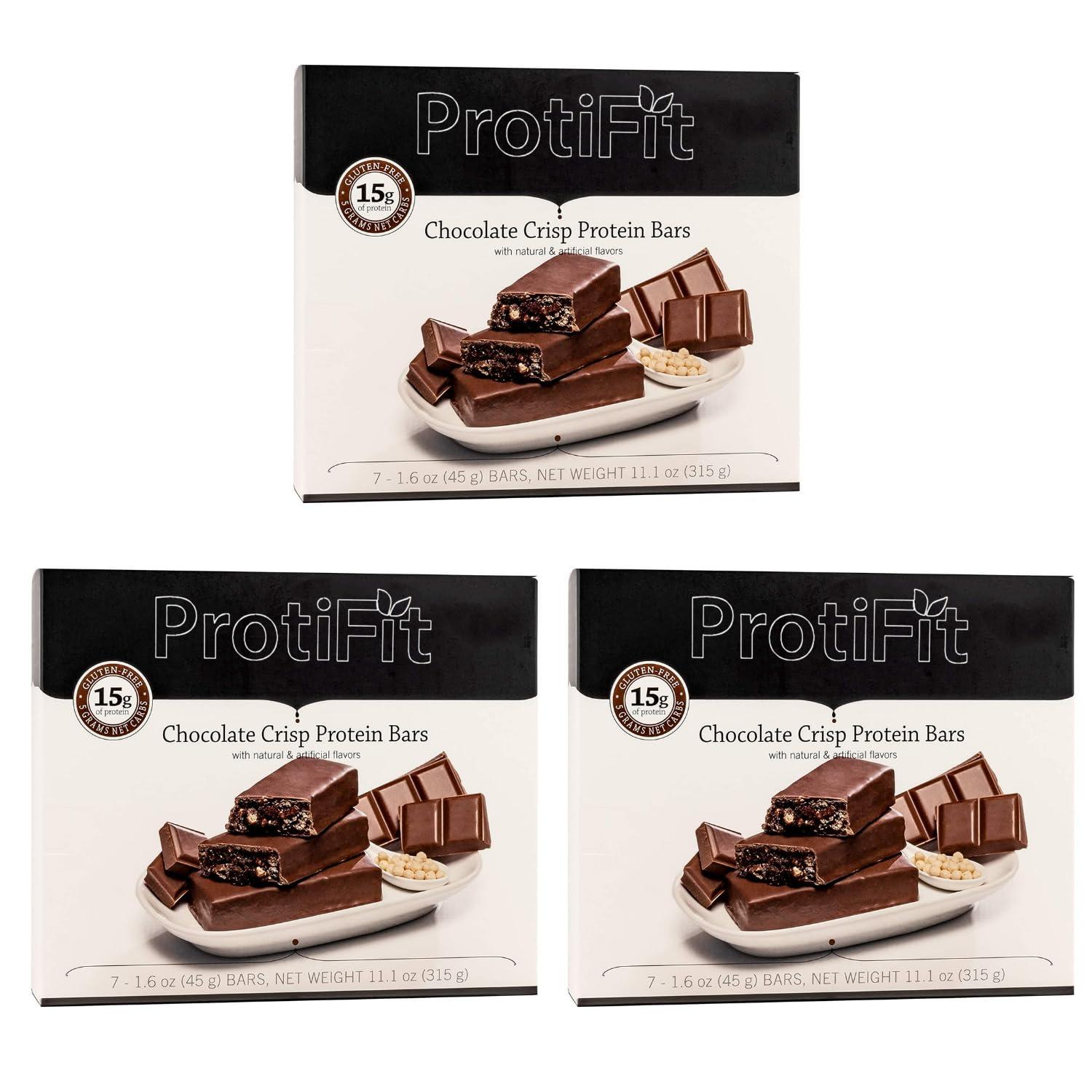 PROTIFIT PROTIFIT - Low Calorie Chocolate Crisp Protein Bar 3 Pack, High Protein, 15g Protein, Low Carb, Low Sugar, Ideal Protein Compatible, 7 Servings Per Box, (3 Pack)