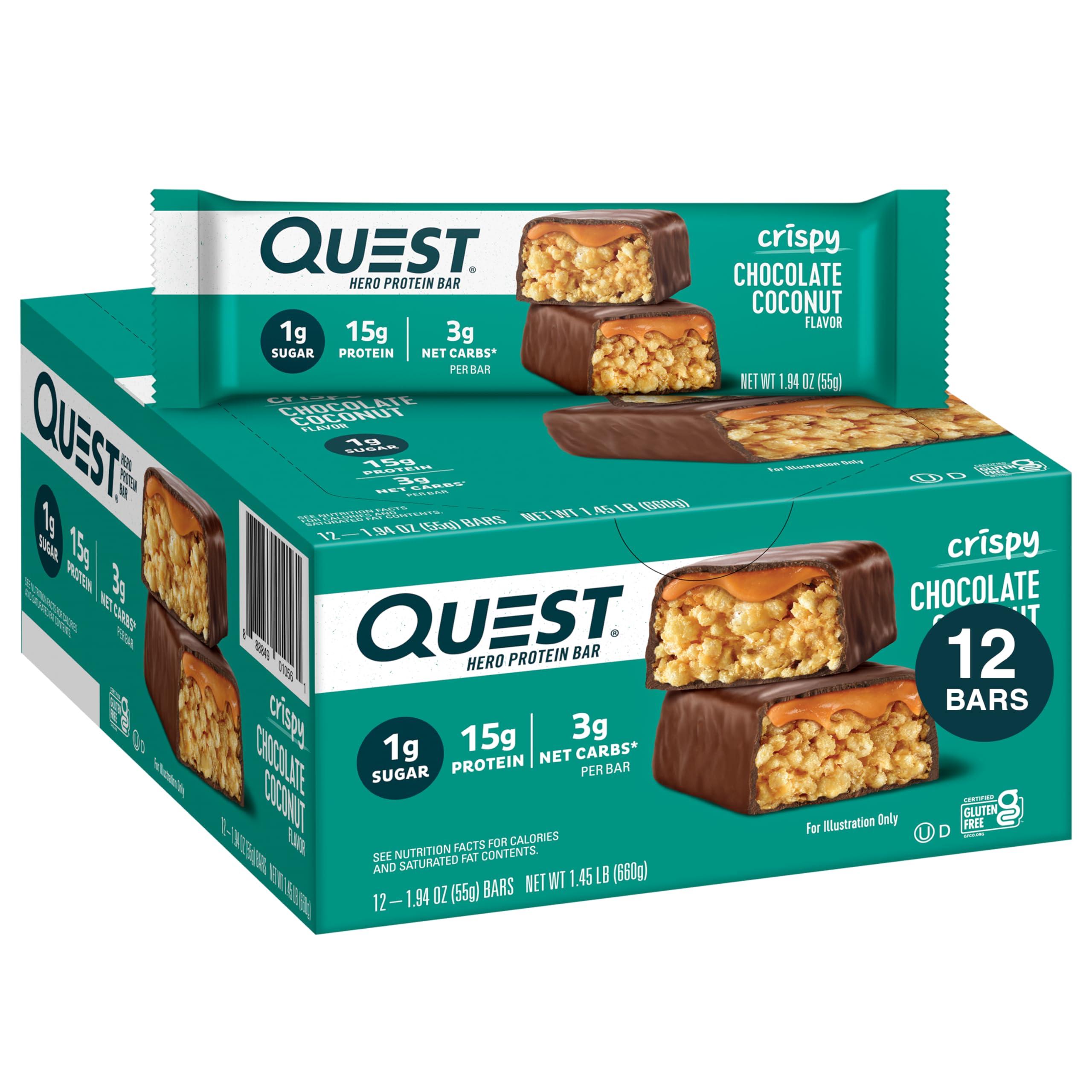 Quest Nutrition Quest Nutrition Crispy Chocolate Coconut Hero Protein Bar, 15g Protein, 1g Sugar, 3g & S\'mores Protein Bar, High Protein, Low Carb, Gluten Free, Keto Friendly
