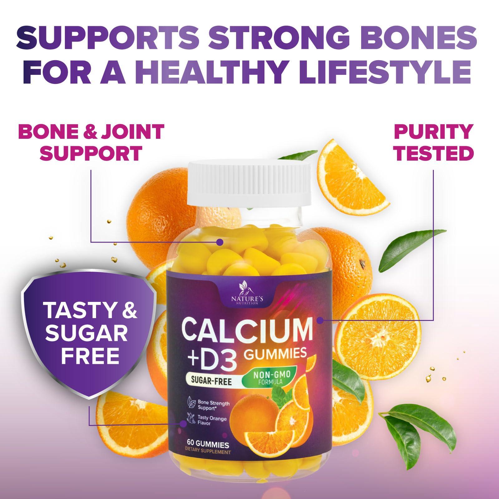 Nature\'s Nutrition Sugar Free Calcium Gummy Bites Plus 400 IU Vitamin D3, Bone Health & Immune Support, Supports Bone Strength - Chewable Calcium Nutrition Supplement, Non-GMO, Berry Flavor Chews - 60 Gummies