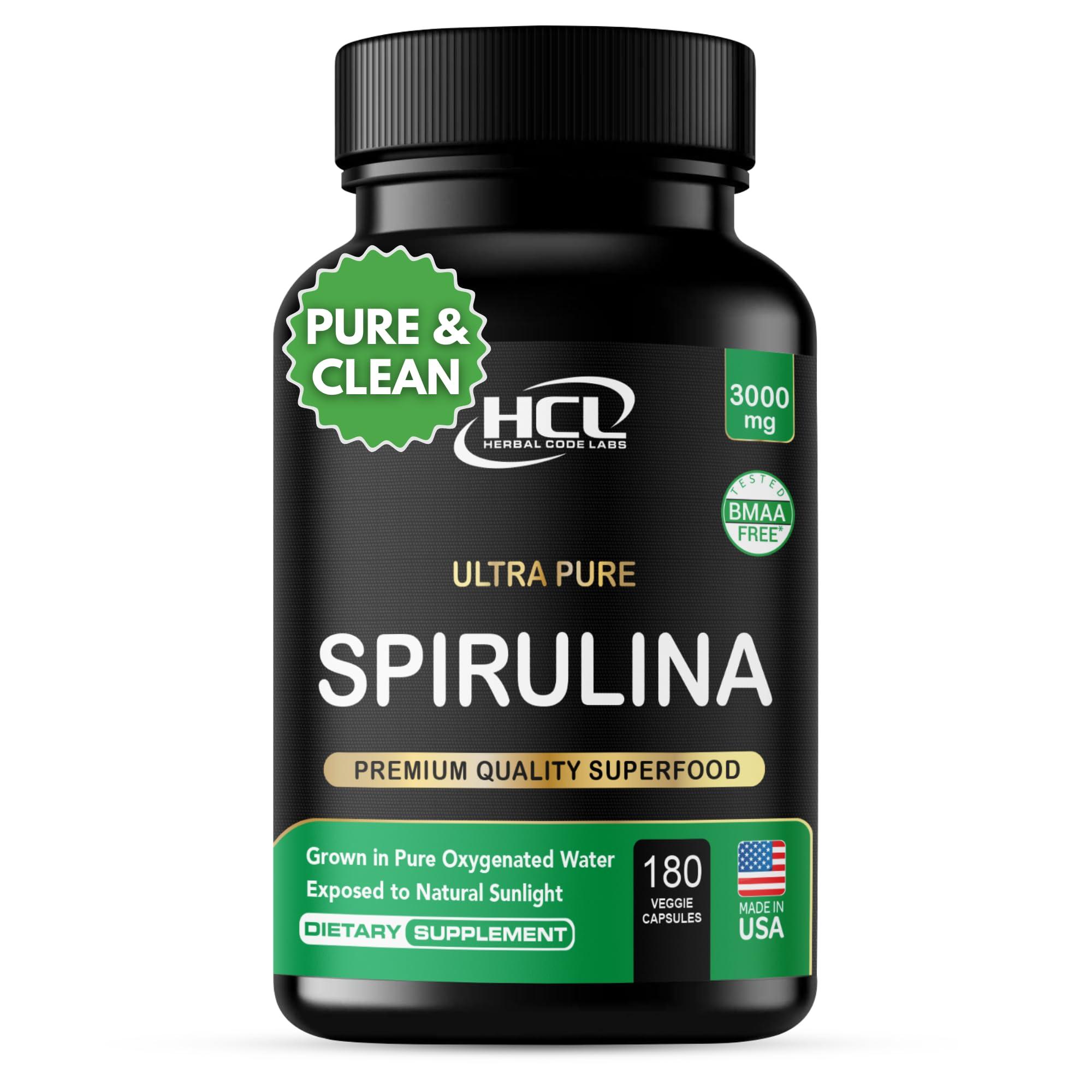 HCL HERBAL CODE LABS Organic Spirulina Powder Capsules 3000 mg - Purest Non-Irradiated Blue Green Algae - Best Raw Vegan Protein - Green Superfood - Natural Multivitamins – 180 Pills Made in The USA