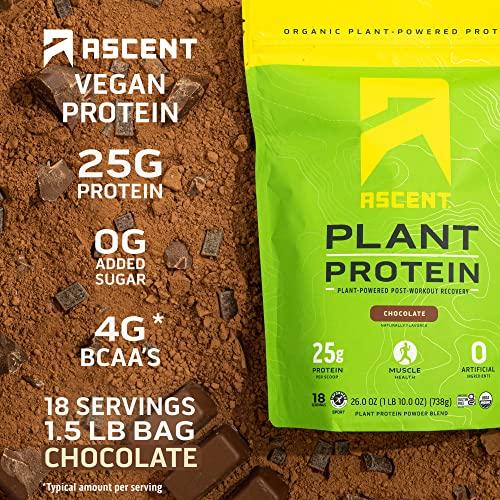 Ascent Ascent Plant Based Protein Powder - Non Dairy Vegan Protein, Zero Artificial Ingredients, Soy & Gluten Free, No Added Sugar, 4g BCAA, 2g Leucine - Chocolate, 18 Servings