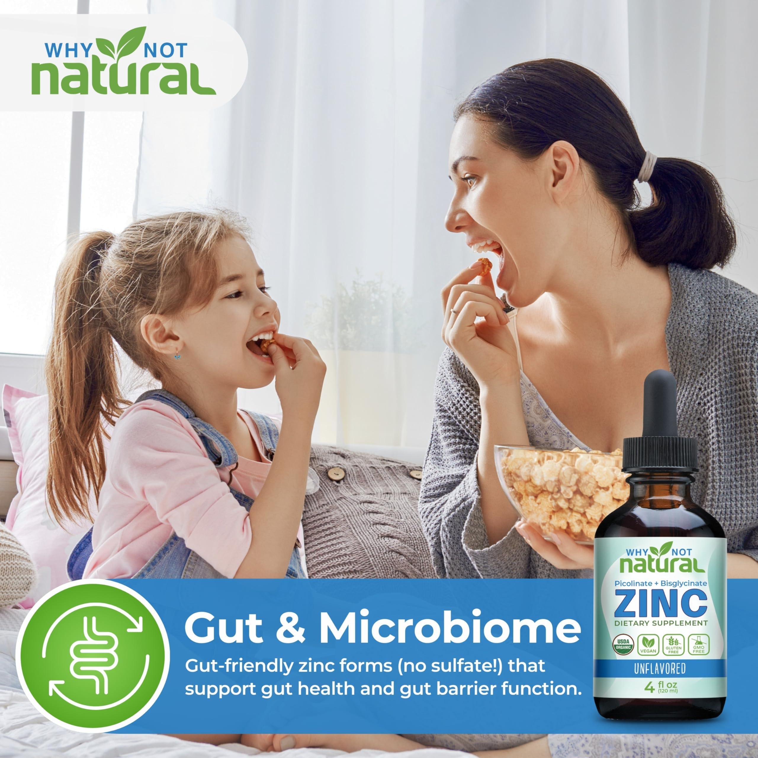 Why Not Natural Organic Liquid Zinc Drops Supplement with Chelated Zinc Picolinate and Bisglycinate, USDA Organic and Vegan