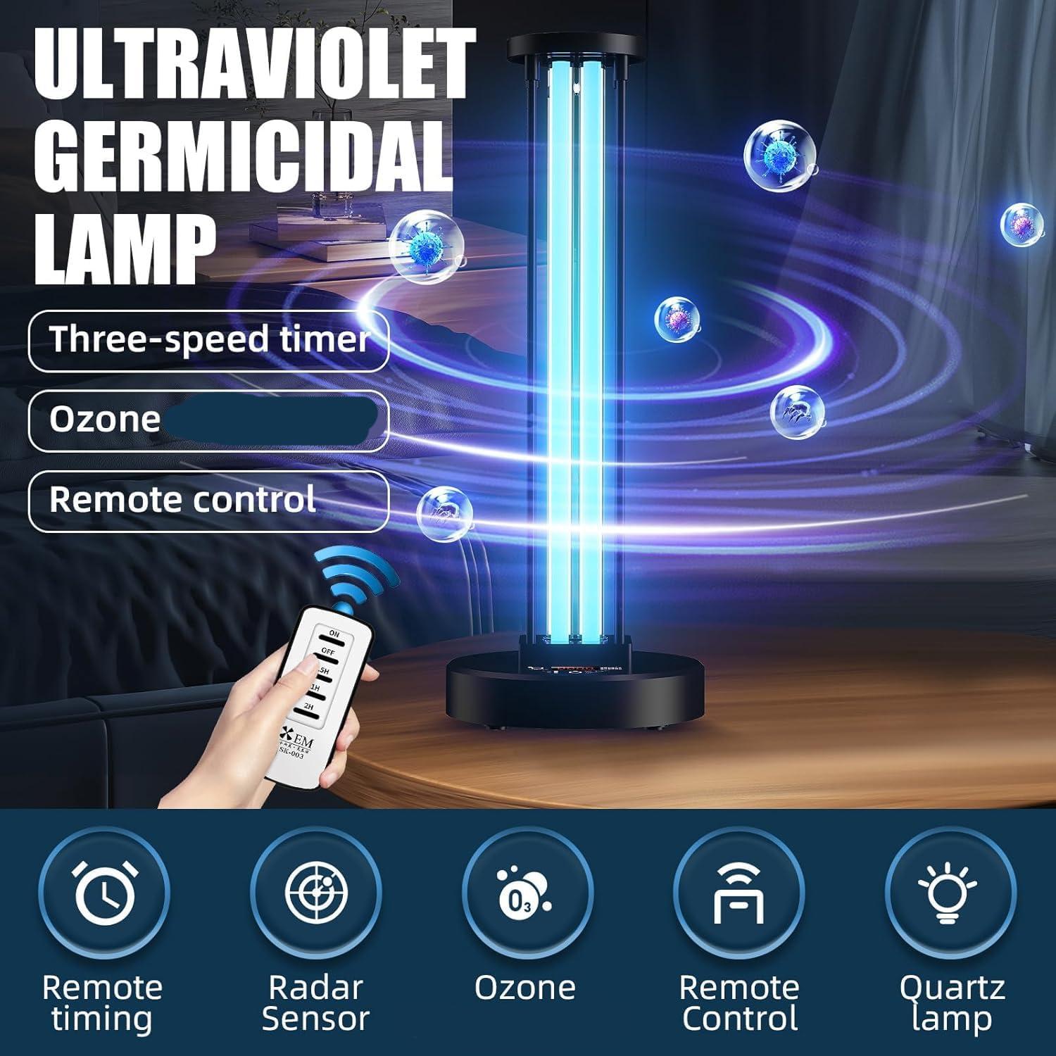 LNBEI Ultraviolet Germicidal Lamp, 72w UV+Ozone Light for Whole Room, 99.99% Sanitization Rate, Three-Step Timing Remote Control, Blue Light,for Home/Office/School