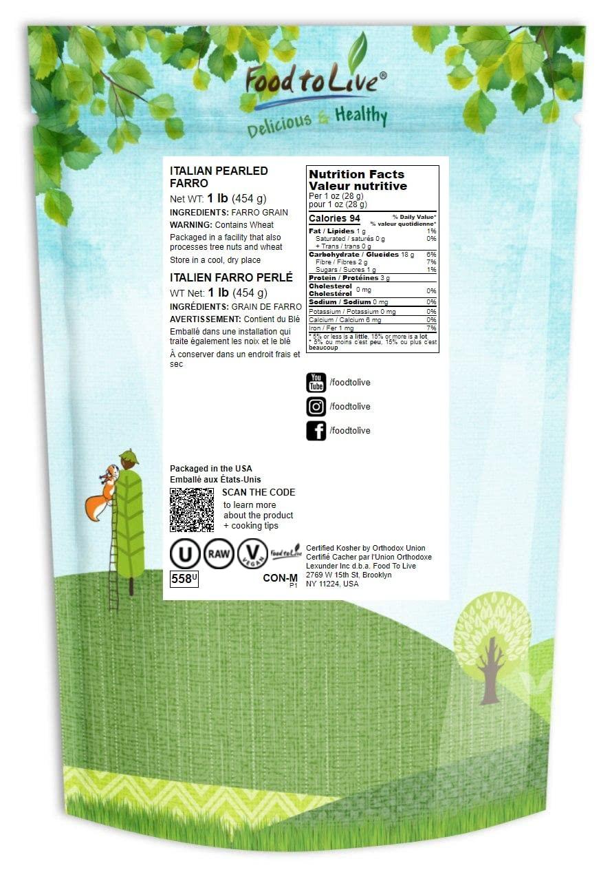 Food to Live Food to Live Pearled Farro Grain, 1 Pound Kosher, Vegan, Whole Grain in Bulk, Good Source of Dietary Fiber, Protein and Iron
