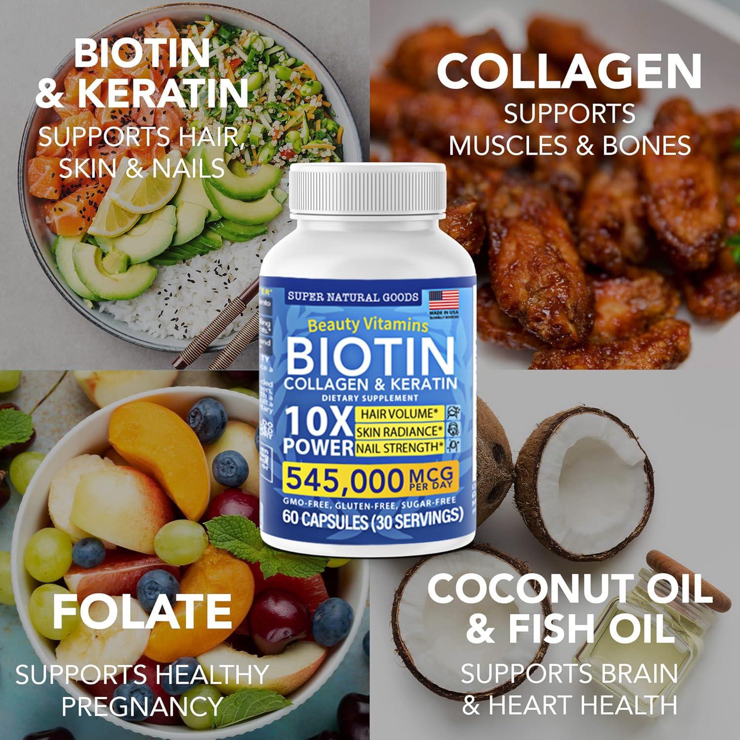 Super Natural Goods Biotin and Collagen Vitamins + Keratin with Folate - Hair Loss Treatments for Women & Men - Hair, Skin and Nails Supplements for Hair Growth & Postpartum Support - GMO Free & Gluten Free (60 Caps)