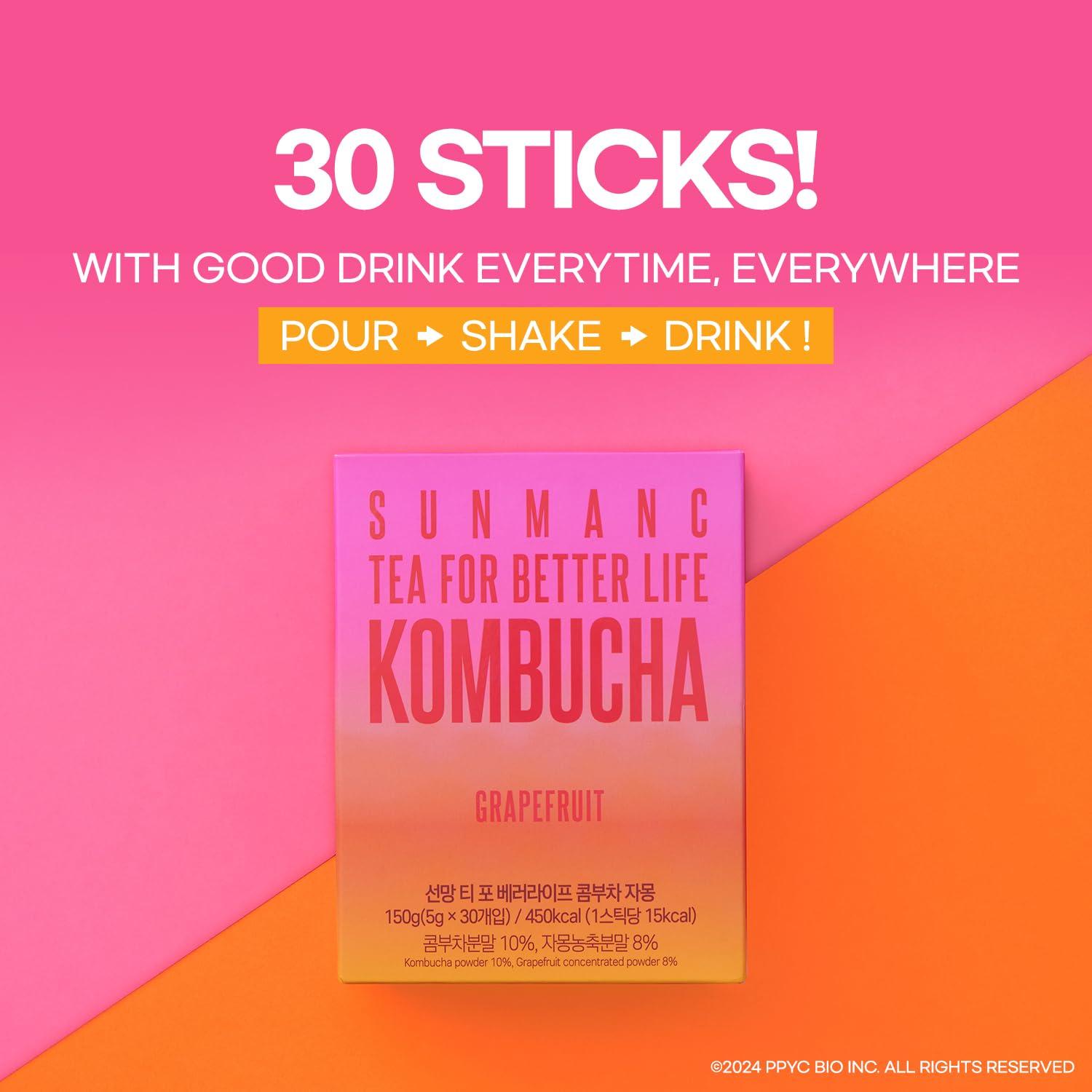 SUNMANC SUNMANC Kombucha 30 packets, Sparkling Probiotic Fermented Drink, Convenient Powdered Drink Mix, Tea Powder, Low Calories, Sugar 0g, Low Caffeine (Grapefruit)