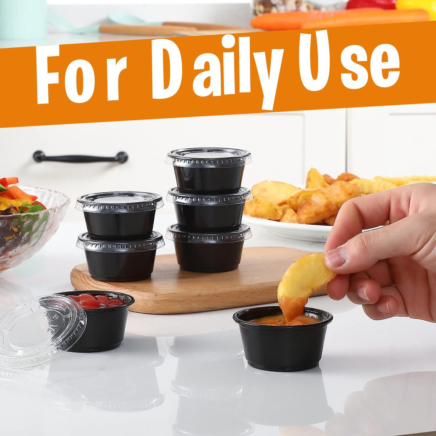 Fonteme Fonteme Black Plastic Portion Cups With Lids - (50 Sets - 2 Oz) | BPA-Free Disposable Plastic Condiment Containers | Dressing Containers for Meal Prep, Portion Control, Salad Dressing & Jello Shots
