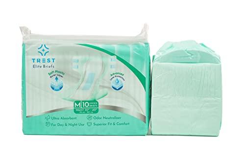 Trest TREST Elite Briefs for Men and Women, Overnight Diapers for Incontinence, Elite Absorbency, Comfortable, Odor Neutralizing and Secure Fit with 2 Wide Tabs - Green, Medium (Pack of 10)