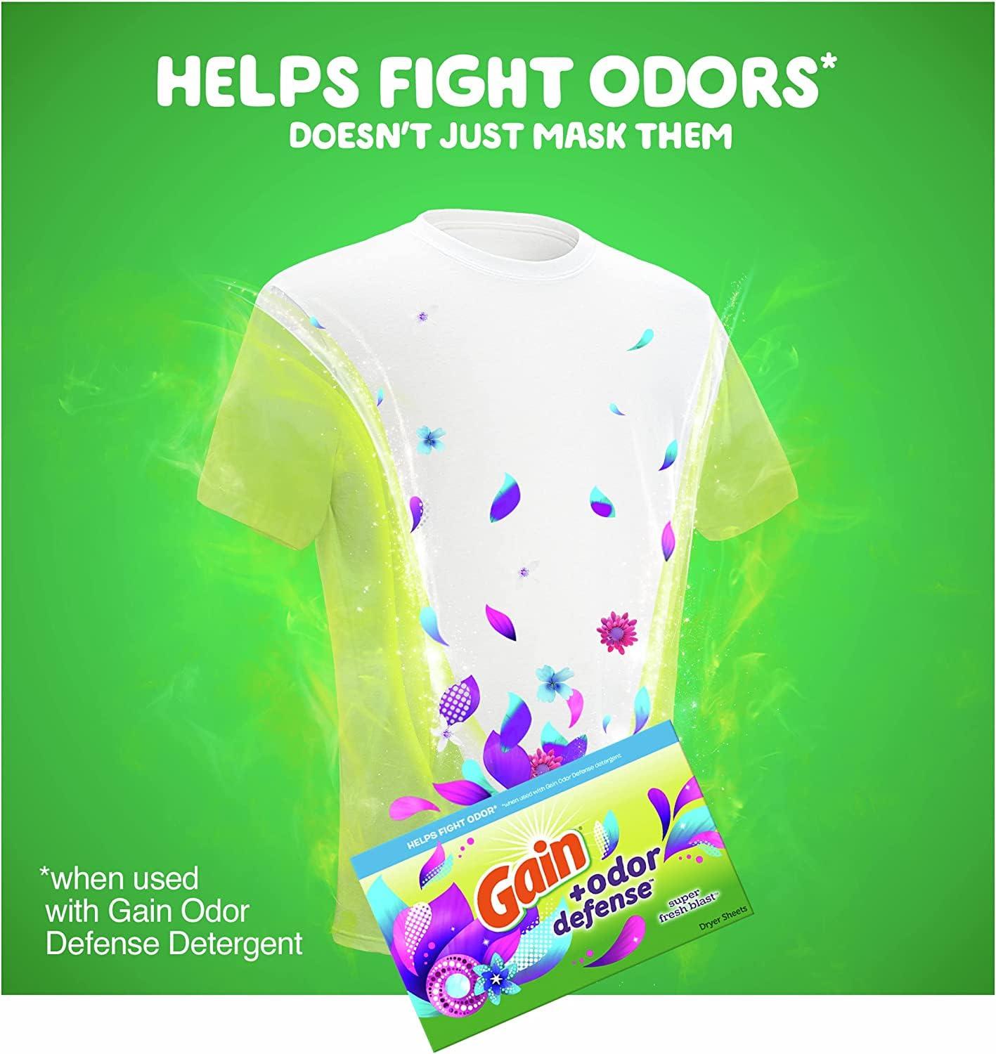 Gain Gain + Odor Defense Dryer Sheets, Super Fresh Blast Scent Fabric Softener Sheets, 240 ct (Pack of 2)